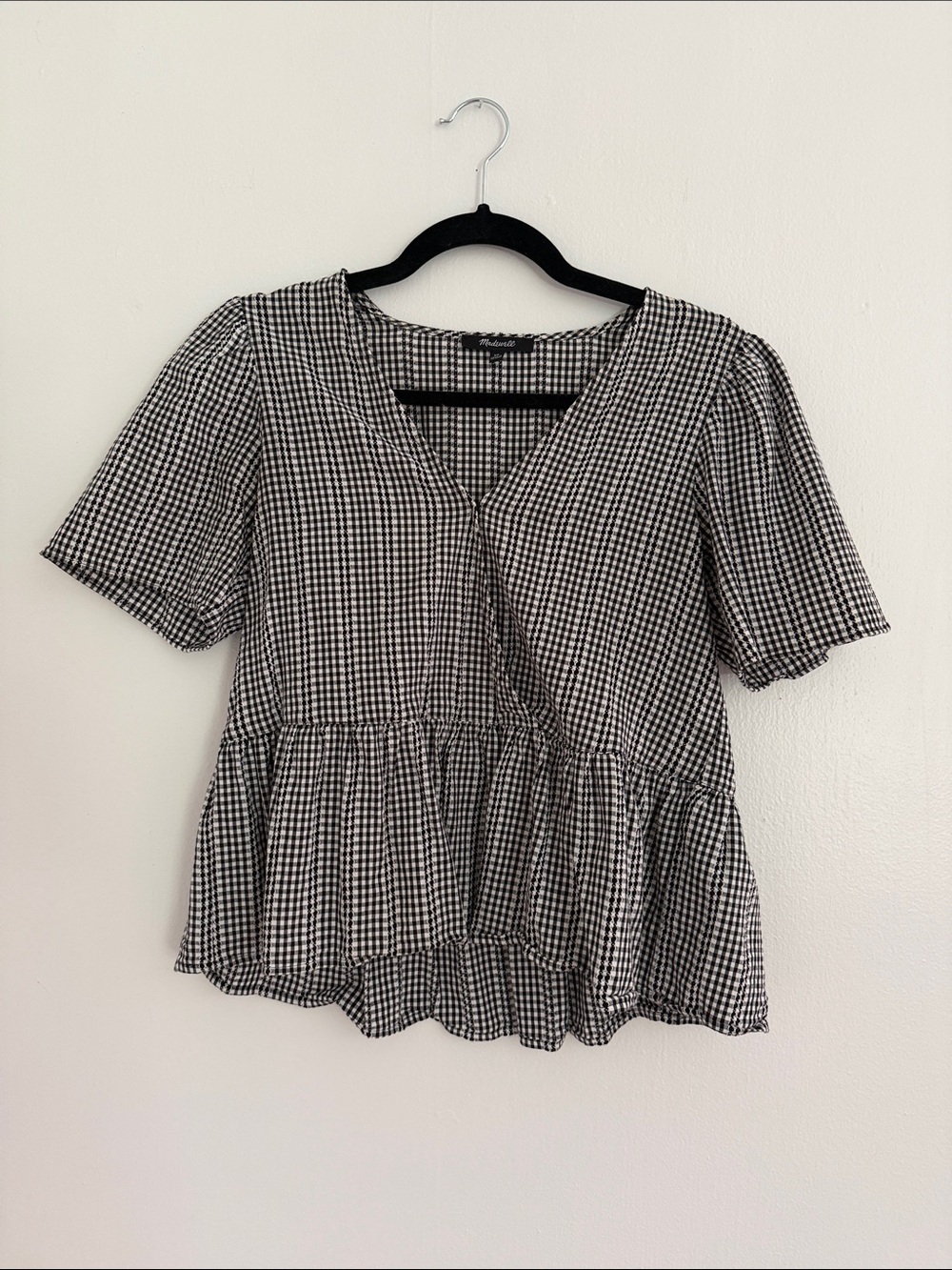Madewell Black and White Gingham Peplum V-Neck Top